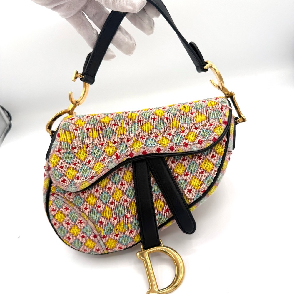 Dior Multicolor Beaded Fringe Mini Saddle Bag with Black Trim and Gold D Charm